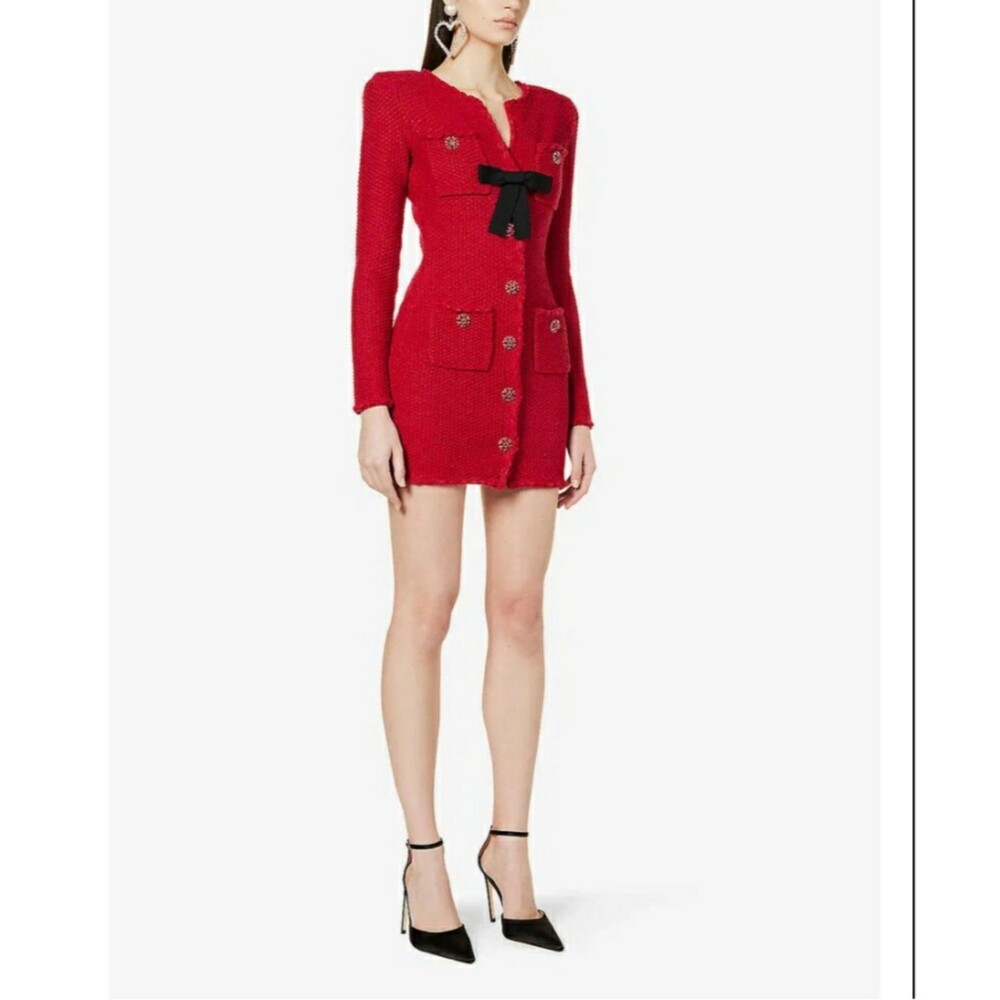 Self-Portrait Mélange Wool Blend Knit Mini Dress Red Sz Med decorative black bow